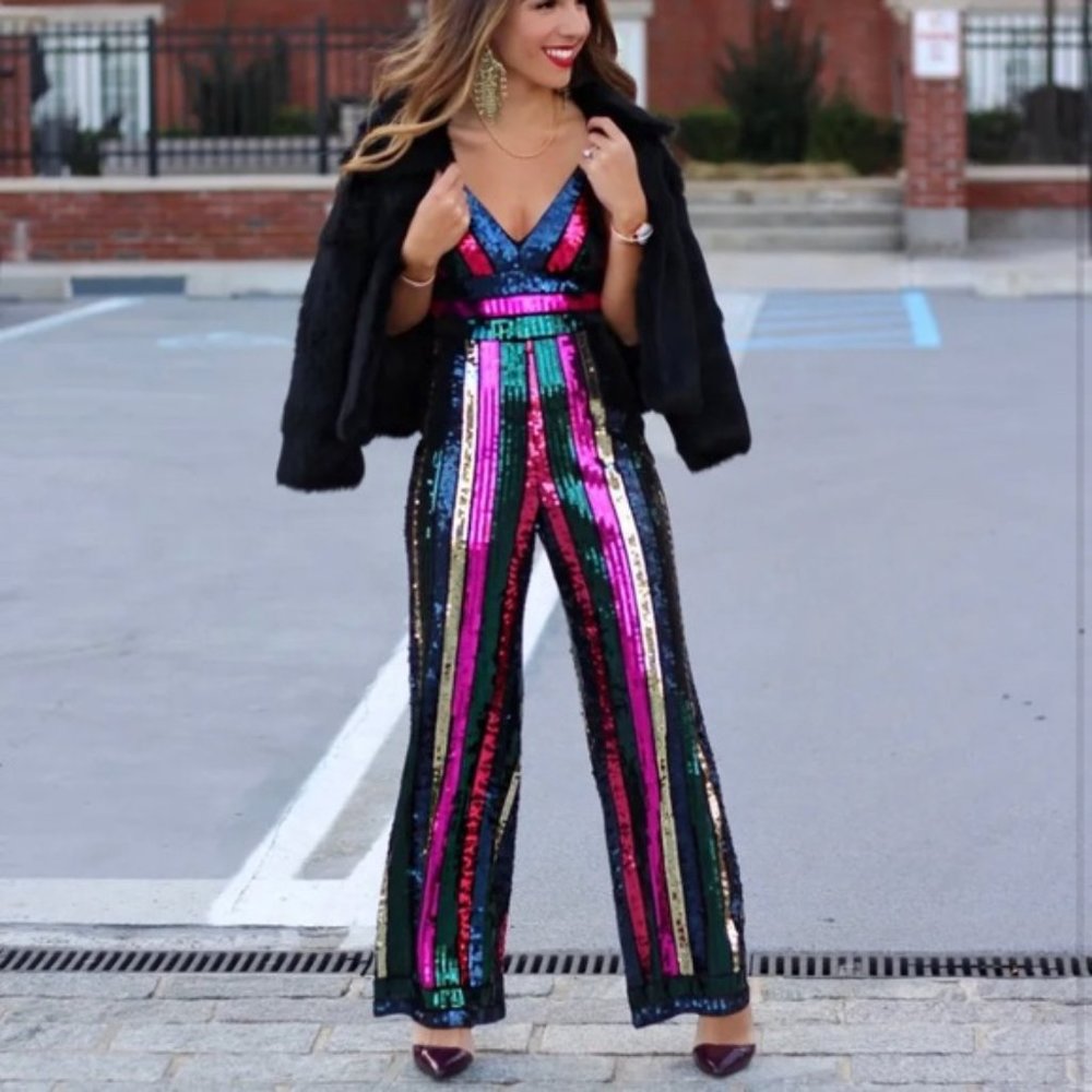 Express Multicolor Stripe Sequin Jumpsuit S
